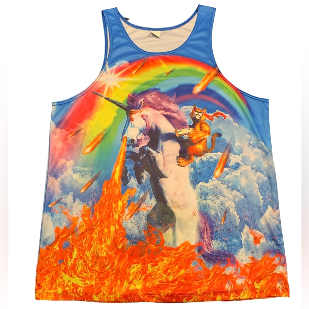 D&F Clothing Cat Riding Unicorn Funny Tank Top - Size: Men’s Large